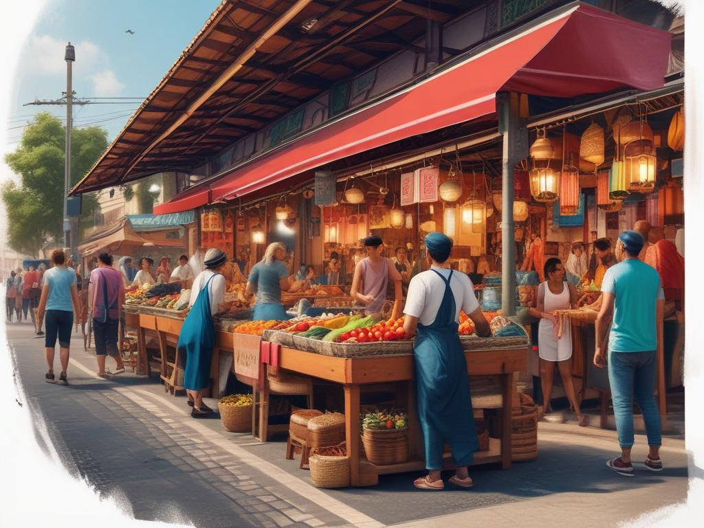 A diverse group of travelers engaging with local artisans in