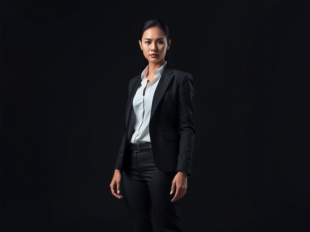 A striking portrait of a determined individual standing confidently against a dark, minimalist backdrop. The subject exudes a sense of empowerment and resolve, dressed in professional attire. The lighting is dramatic, casting shadows that highlight their features, creating a bold and edgy atmosphere. The background is a deep charcoal grey, enhancing the overall impact and sophistication of the image.