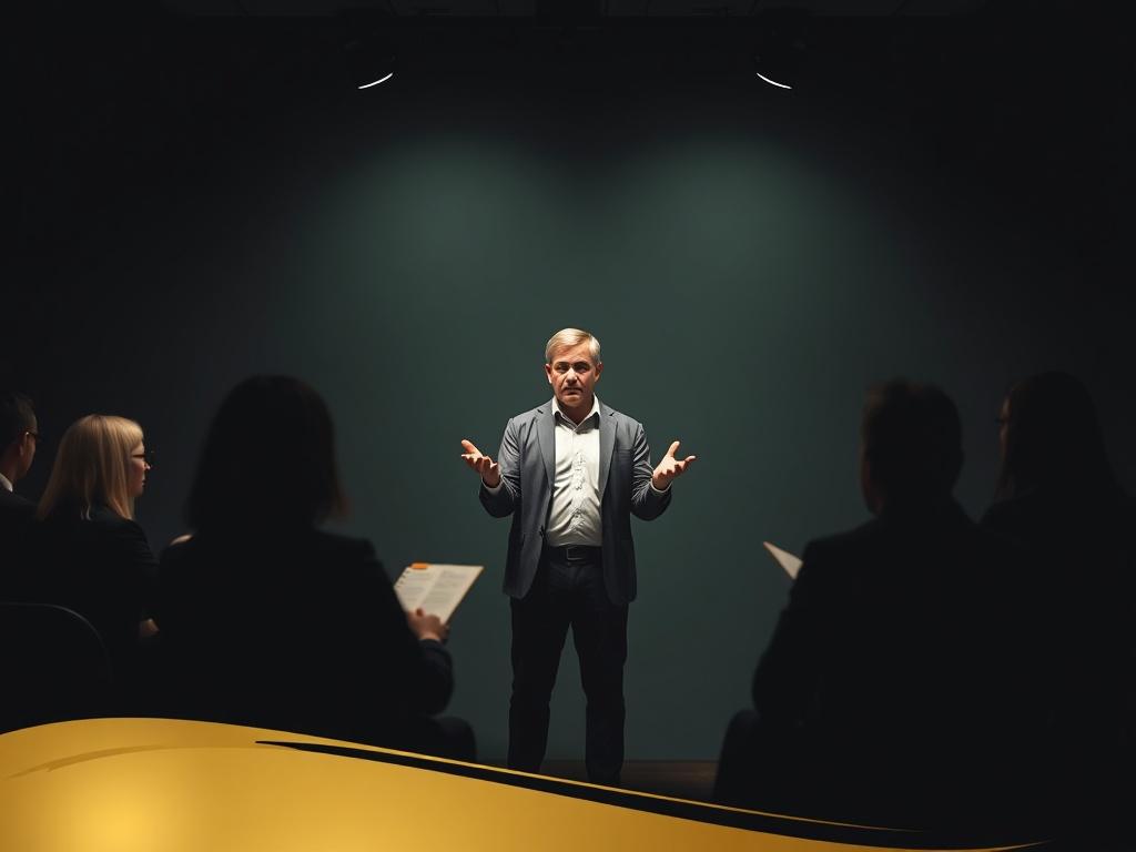 An engaging image of a dynamic sales training session in progress, featuring a charismatic coach leading a group of eager participants. The setting is modern with a dark, minimalist aesthetic, and the participants are actively involved, taking notes and engaging in discussions. The lighting is focused on the coach, creating a spotlight effect that draws attention. The background is subtle but conveys a sense of professionalism, with hints of sage green and gold accents to maintain the premium feel.