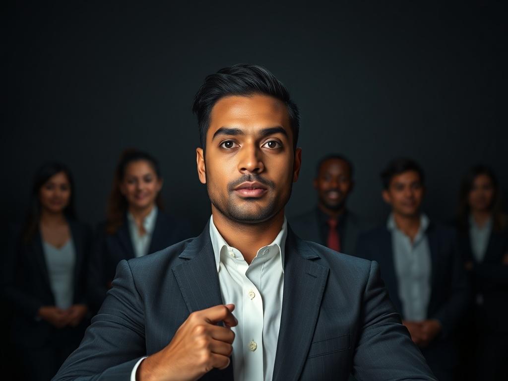 A striking image featuring a confident professional engaging in a video interview, set against a dark charcoal background. The subject is dressed in business attire, exuding professionalism and charisma. The lighting highlights their features dramatically, creating an intense focus. In the background, blurred silhouettes of diverse professionals can be seen, symbolizing a broad talent pool. The overall color palette is dark and moody, with sage green and gold accents subtly incorporated to maintain a premium feel.