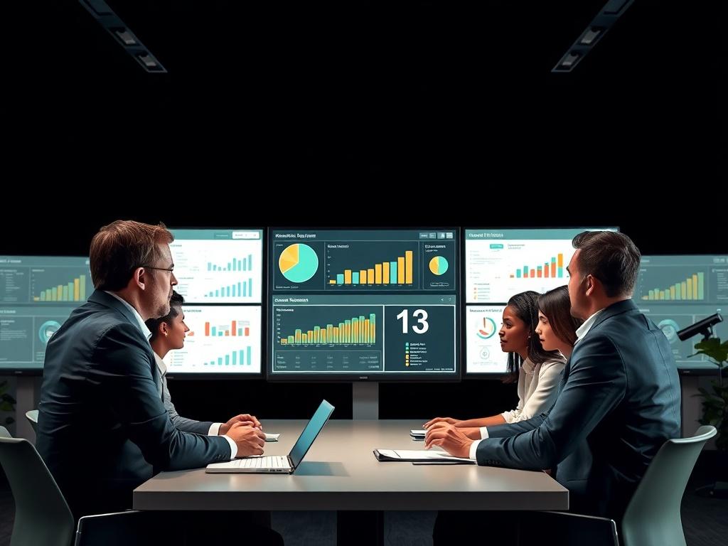 An impactful image showcasing a group of professionals engaged in a dynamic brainstorming session, set in a modern office environment with a dark backdrop. They are surrounded by digital screens displaying analytics and charts, indicating an intense focus on market research. The lighting emphasizes their expressions of determination and collaboration. The overall ambiance is sleek and sophisticated, with subtle touches of sage green and gold to enhance the professional atmosphere.