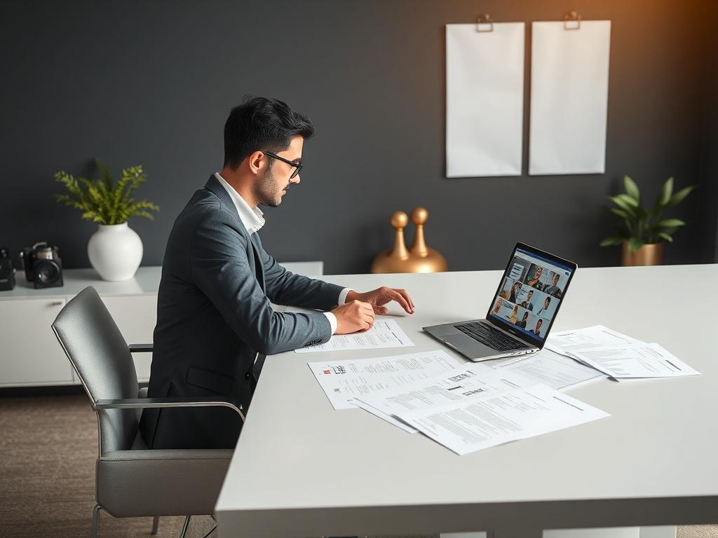An individual reviewing resumes in a modern, minimalist office setting. The scene should be focused on a sleek desk, with resumes spread out and a laptop displaying candidate profiles. The background is deep charcoal grey, with sage green accents visible in the decor. Bright gold highlights should subtly enhance the ambiance, emphasizing a professional and strategic atmosphere.