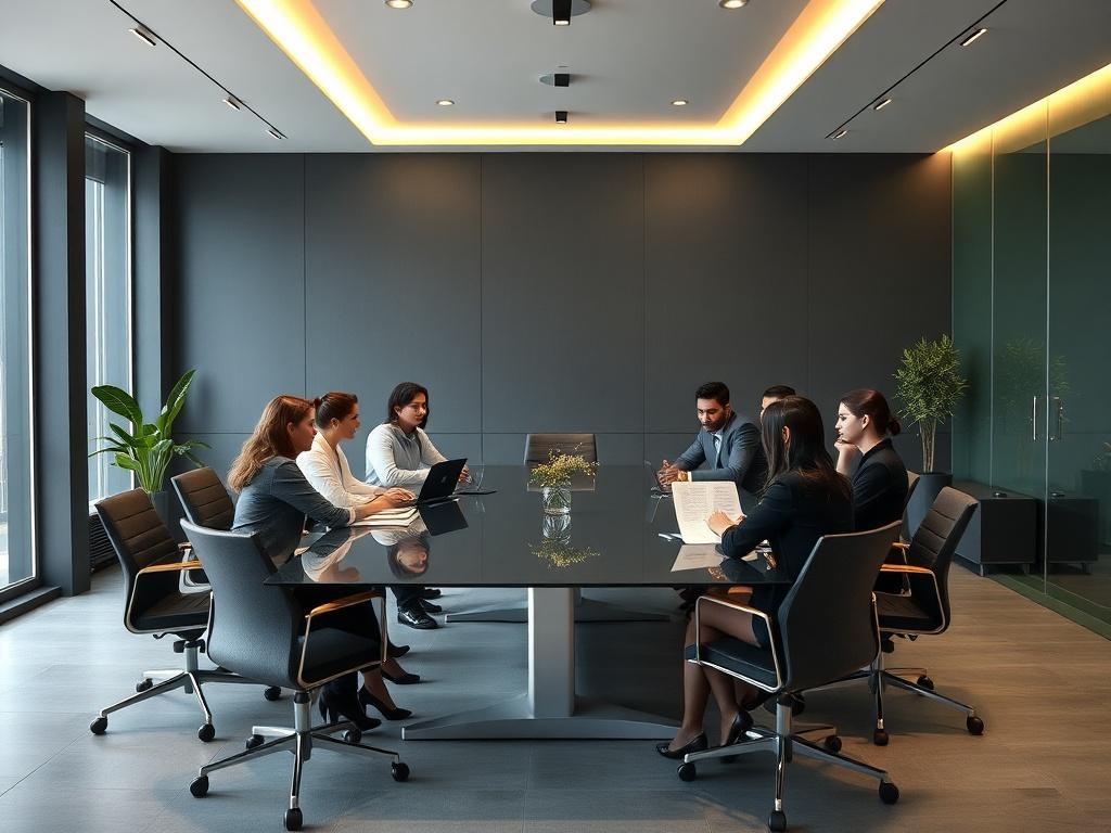 An engaged business meeting in a modern, minimalist conference room. A diverse group of professionals is actively discussing around a sleek glass table. The background is a deep charcoal grey, with sage green accents in the decor. Bright gold highlights are subtly integrated into the room, creating an upscale environment. The image should reflect collaboration and strategic thinking.