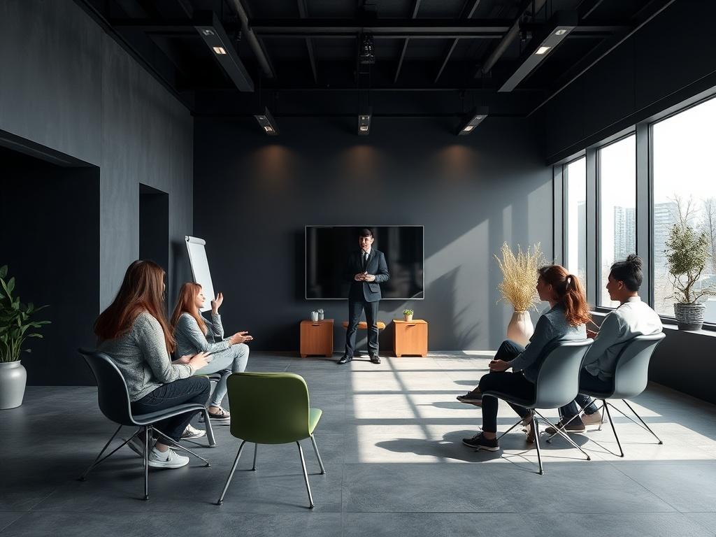 A dynamic training session in a sleek, modern setting. Participants are engaged in activities, with a trainer using interactive methods to facilitate learning. The environment features a dark, minimalist aesthetic with a charcoal grey background and sage green accents. Bright gold highlights should be present, creating an inspiring atmosphere focused on growth and development.