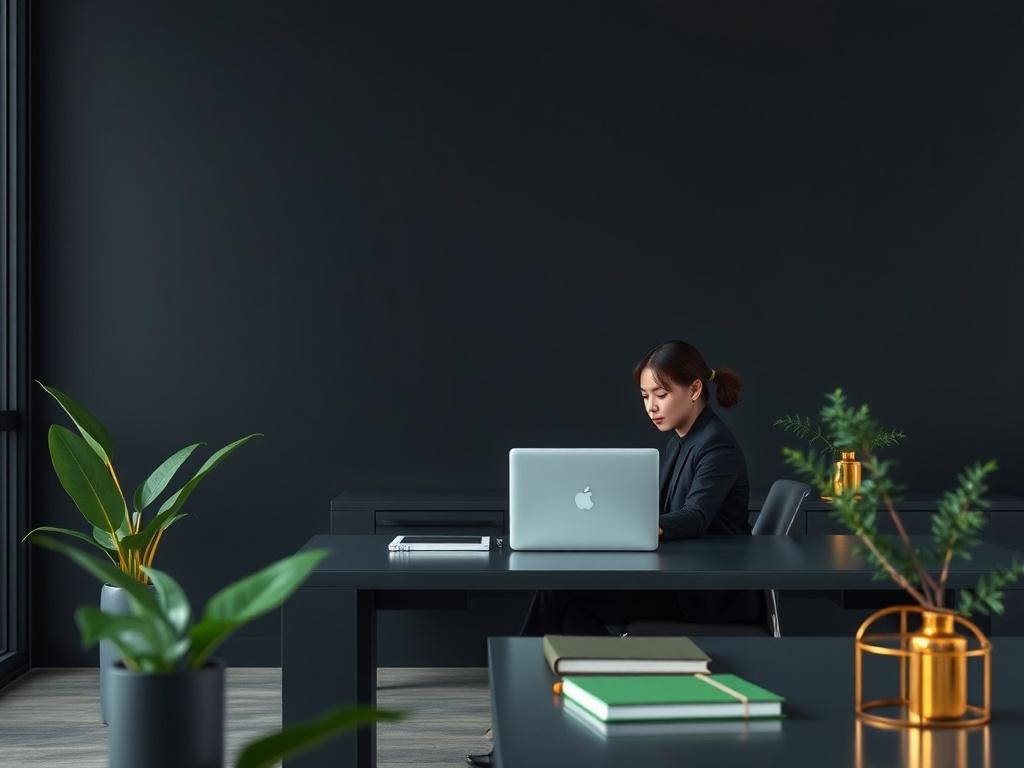 A sleek, modern office environment reflecting a dark, minimalist aesthetic. A business professional is sitting at a desk, typing on a laptop, with a deep charcoal grey background. The image should showcase sage green accents, such as a plant or a notebook, and bright gold highlights in the decor, emphasizing a premium feel. The atmosphere should convey professionalism and innovation.