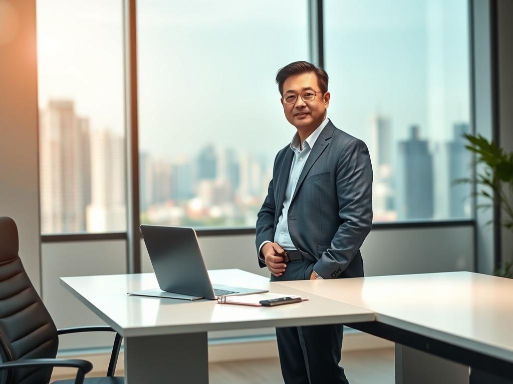 Create a realistic high-resolution image that embodies the theme of adapting sales strategies in a post-pandemic world. Focus on a single subject: a confident, professional-looking sales consultant in a modern office environment. The consultant, a middle-aged individual of Asian descent, should be dressed in professional, business-casual attire, exuding a sense of forward-thinking and adaptability.

Position the consultant standing beside a sleek, minimalistic desk that holds a laptop, a notepad, and a smar