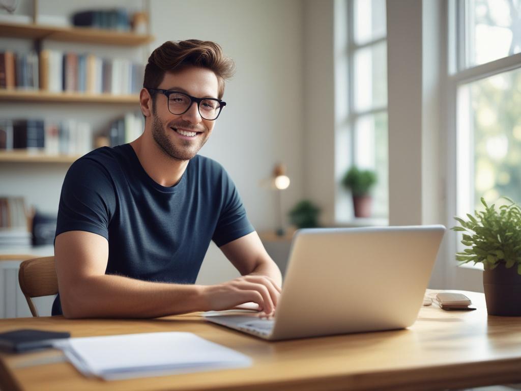 A confident individual smiling while working on a laptop, depicting