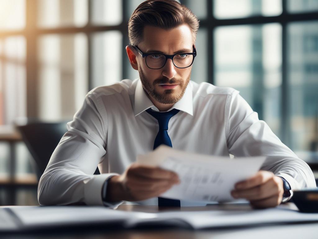 A close up shot of a financial expert analyzing documents,