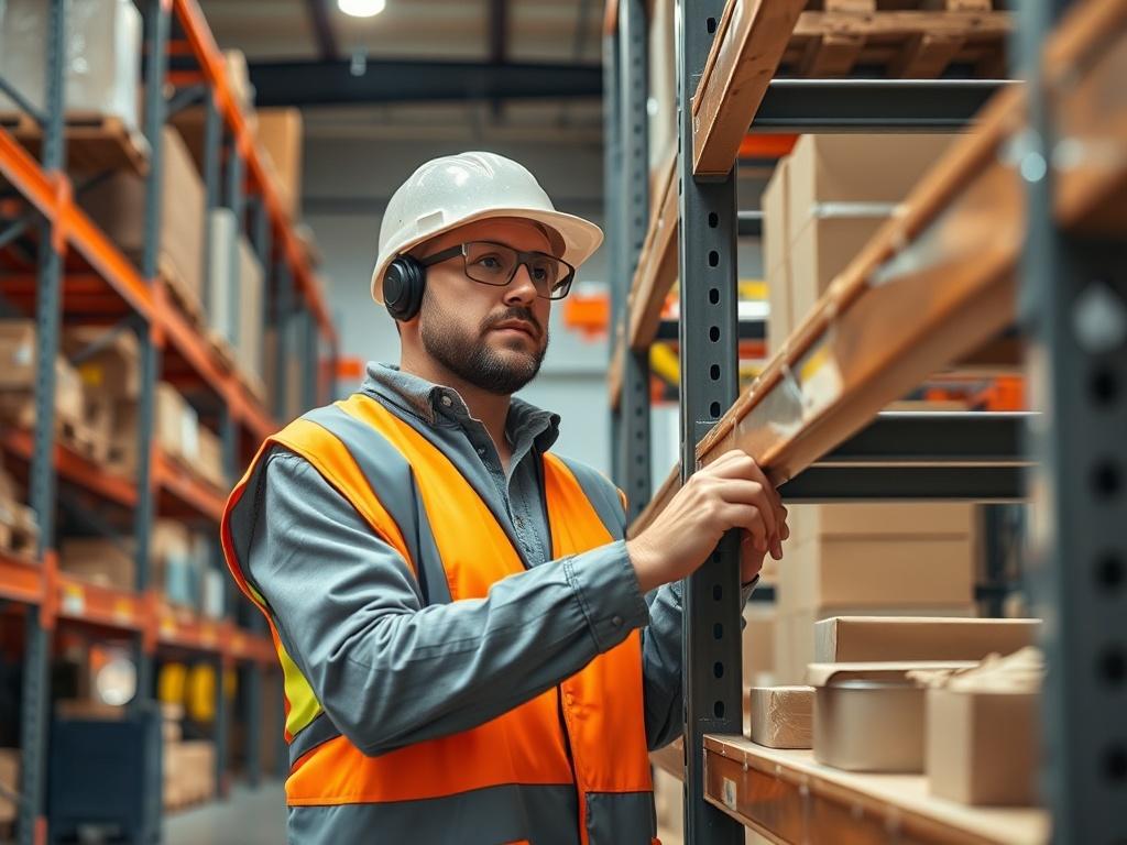 A hyper-realistic close-up shot of a warehouse worker evaluating pallet racks in a modern warehouse setting. The worker, dressed in safety gear, is focused on inspecting the racks, ensuring safety and compliance. The background features organized shelves and equipment, with warm lighting to convey a sense of professionalism and efficiency. The composition is simple and clear, highlighting the worker and the equipment.