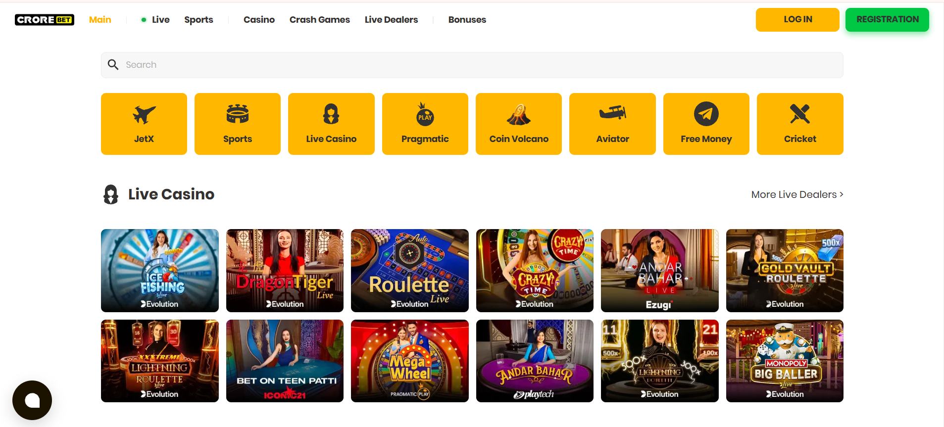 Crorebet gaming website preview showing sports, casino, and live games