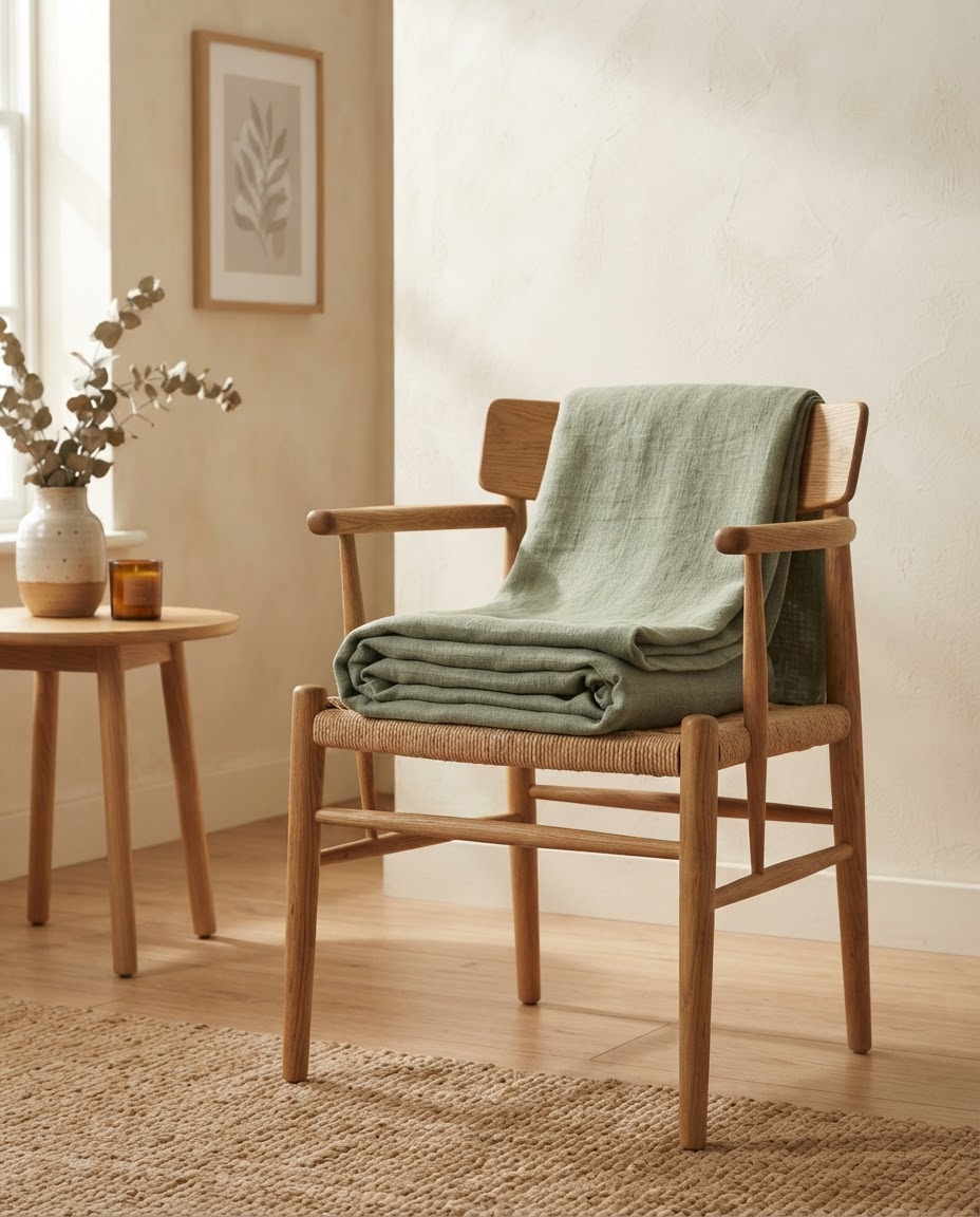 Sage linen throw folded over an oak chair