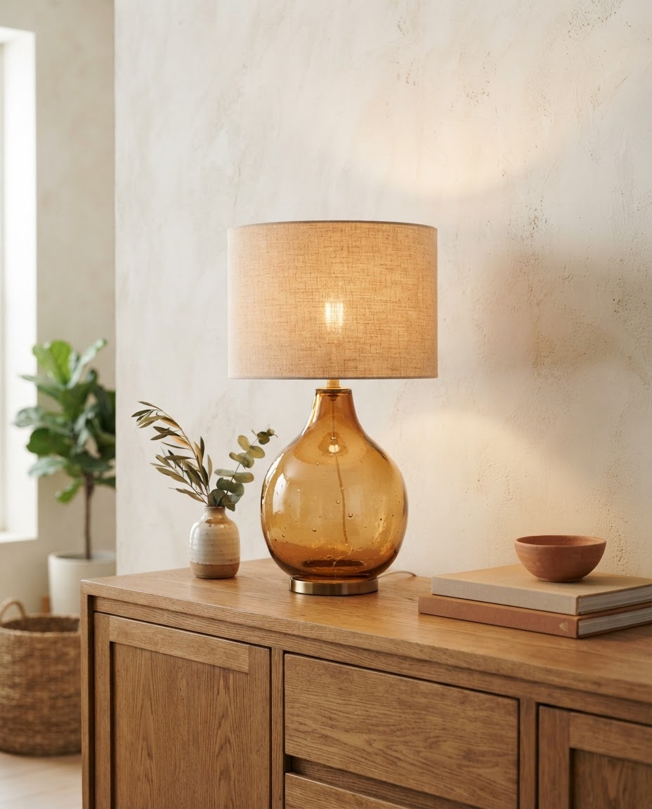 Amber glass table lamp with linen shade