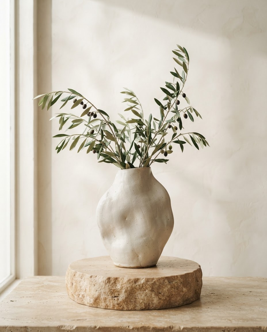 Sculptural off-white ceramic vase with olive branches