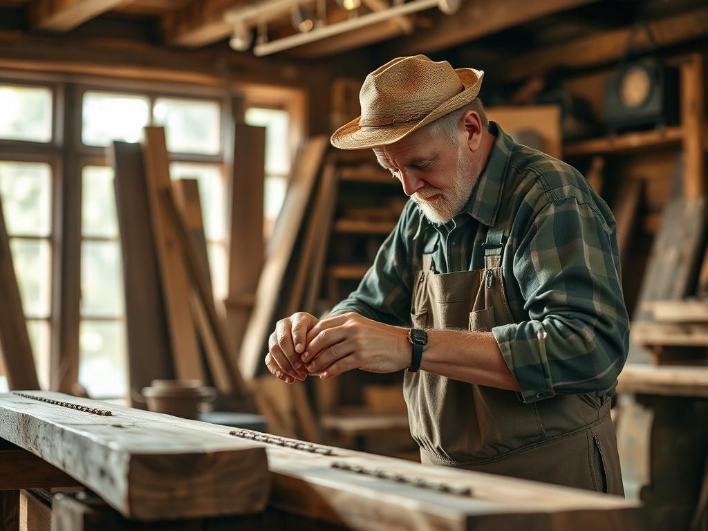 A skilled craftsman working on a wooden structure, showcasing intricate