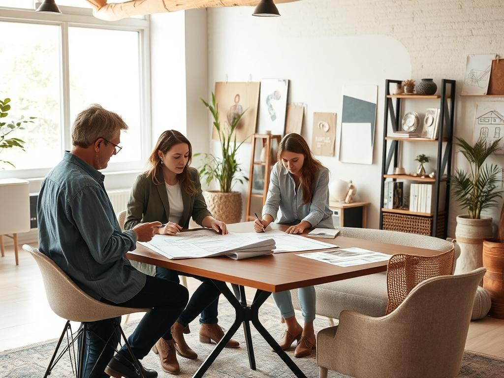 A professional designer meeting with clients over blueprints and design
