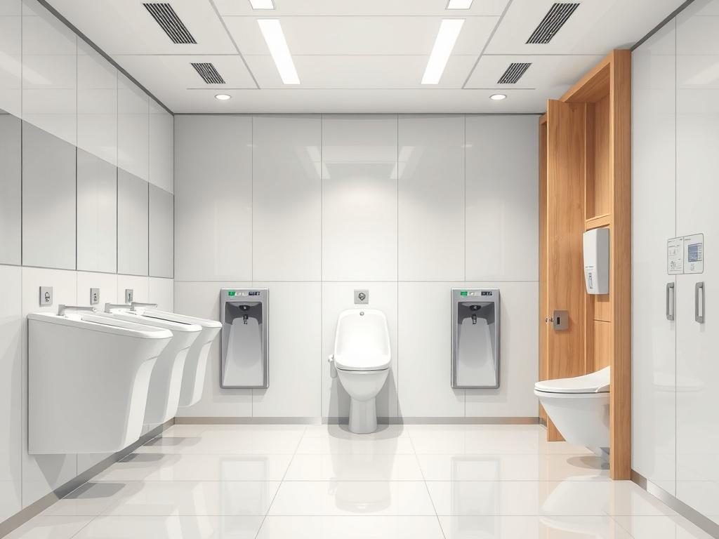 A highly detailed illustration of a clean and modern corporate washroom, showcasing well-organized sanitary waste disposal units and neatly arranged hygiene consumables. The background should be a bright, well-lit environment with sleek design elements, emphasizing cleanliness and professionalism.