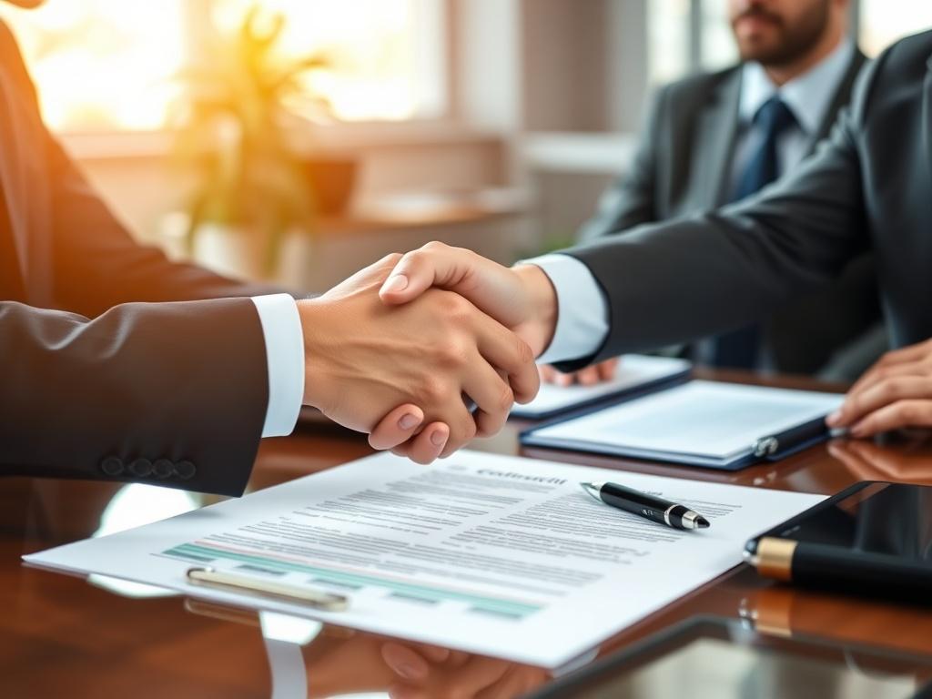 A hyper-realistic close-up shot of a professional business meeting, focusing on hands shaking over a contract on a table. The background features a blurred office environment with natural lighting, emphasizing a sense of professionalism and trust. The image should convey collaboration and compliance in procurement.