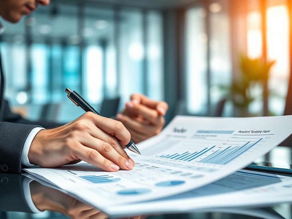 A hyper-realistic close-up shot of a business professional analyzing a tender document with a pen in hand, surrounded by a modern office backdrop. The focus is on the document with clear details of graphs and data points visible. The lighting is bright and inviting, emphasizing professionalism and diligence.
