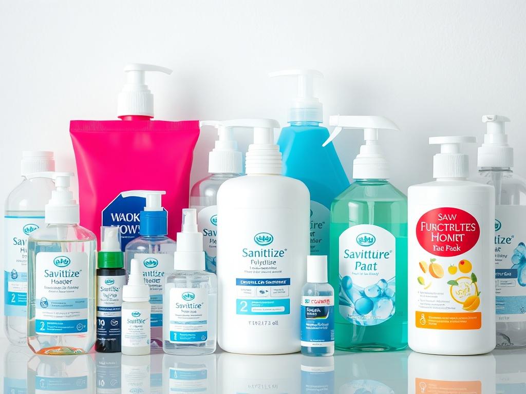 A hyper-realistic close-up shot of various hygiene products, including hand sanitizers, soaps, and cleaning supplies, neatly arranged. The background should be minimalistic, allowing the focus to be on the products' quality and packaging. Use bright, inviting lighting to enhance the presentation.