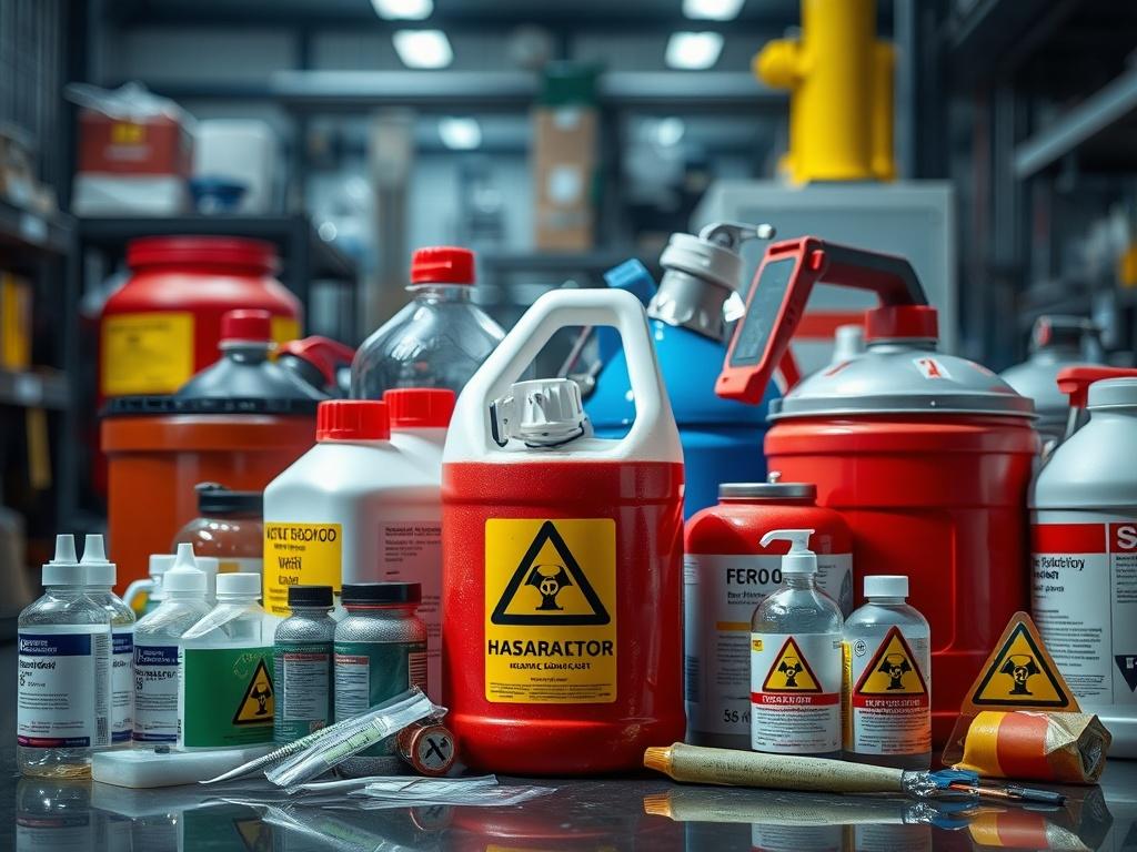 A hyper-realistic close-up shot of various hazardous materials, such as chemical containers and safety equipment, displayed in a controlled environment. The background should reflect a professional setting, emphasizing safety and compliance. Use clear, focused lighting to showcase the details of the materials.