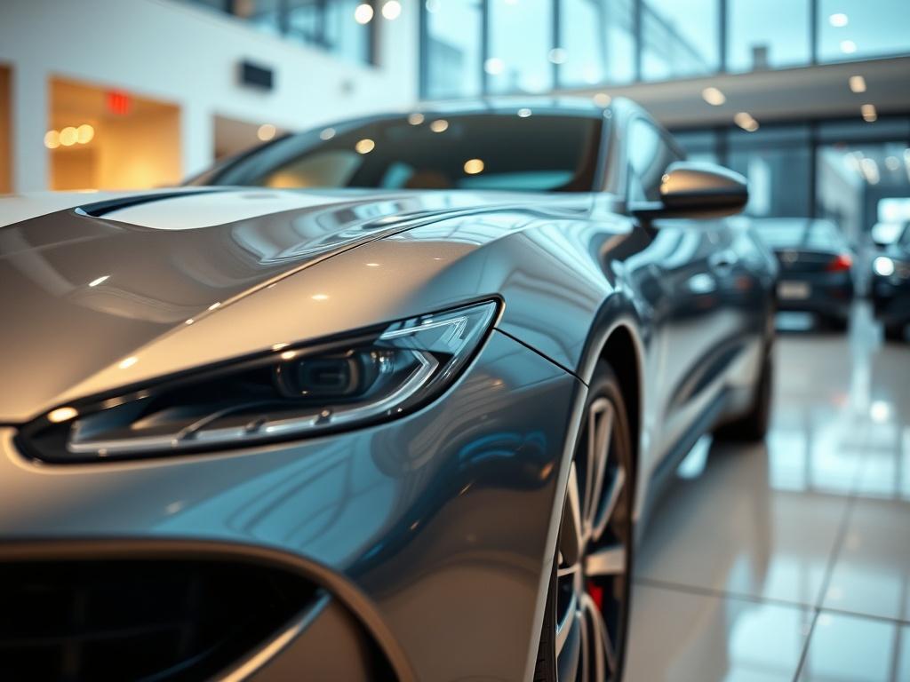 A close-up image of a sleek, modern vehicle displayed in a well-lit showroom. The vehicle's shiny exterior reflects the ambient light, showcasing its elegant design and color. The background features subtle hints of luxury decor, such as soft lighting and polished flooring, to emphasize the premium nature of the car. The image captures the essence of high-quality vehicle sales, inviting potential buyers to envision themselves in their dream car.