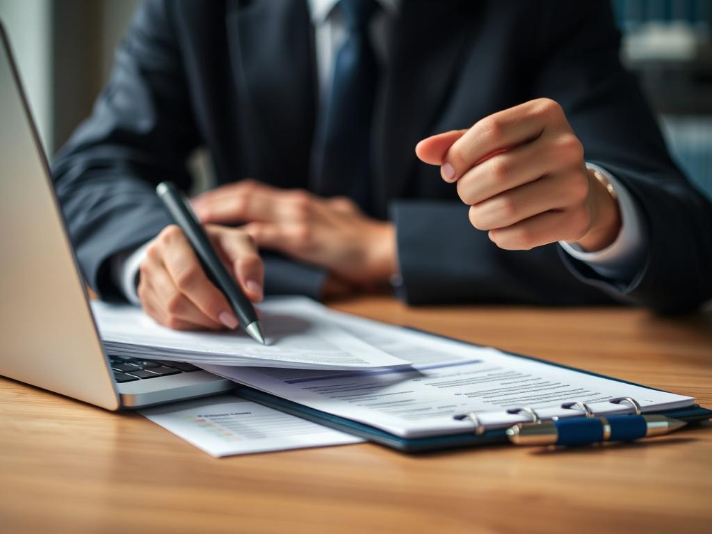 A close-up shot of a professional individual reviewing documents on a desk, with a laptop open and a notepad, symbolizing security and trust. The background is softly blurred to emphasize the subject, and the color scheme includes shades of blue and white to create a clean, corporate feel.