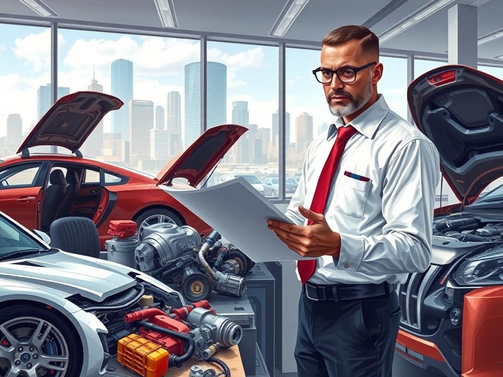 A realistic painting of an automotive procurement expert reviewing documents in an office setting, surrounded by automotive parts and vehicles. The background shows a modern office with a clear view of the Johannesburg skyline. The expert is focused and confident, symbolizing professionalism and expertise in the automotive sector.