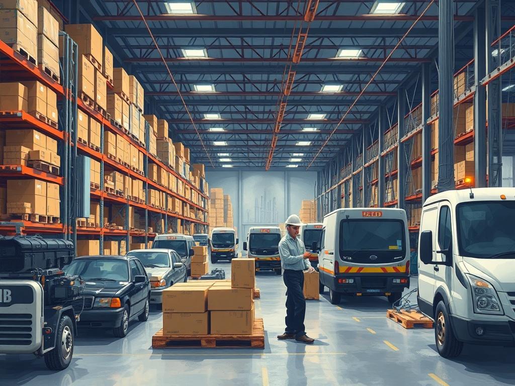 A realistic painting of a logistics manager coordinating telecommunications equipment in a busy warehouse. The scene depicts workers efficiently organizing telecom devices with vehicles ready for dispatch. The background showcases a well-structured logistics hub, highlighting the importance of connectivity and organization in telecommunications.