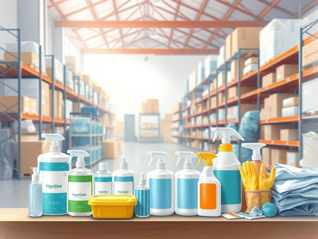 A realistic painting of hygiene products displayed in a clean and organized warehouse. The scene includes sanitizers, cleaning supplies, and personal protective equipment strategically arranged. The background shows a professional environment, emphasizing safety and cleanliness, with soft lighting that conveys trust and reliability.