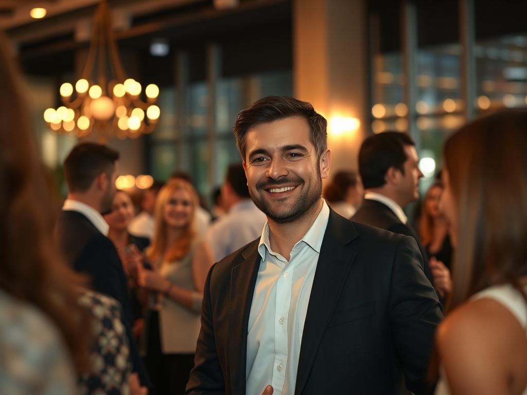 Create a realistic high-resolution photo that captures the essence of a networking event for security professionals. The image should focus on a single subject: a confident and approachable security professional in business attire, actively engaging in conversation with an unseen attendee. The subject should be centralized in the composition, with a warm smile and a welcoming posture, conveying an atmosphere of collaboration and connection.

In the background, include a softly blurred scene of a modern event space, featuring elegant décor, subtle lighting, and other security professionals mingling in pairs or small groups. The background should hint at a vibrant networking atmosphere without drawing attention away from the primary subject.

Utilize a shallow depth of field to emphasize the subject and create an inviting ambiance. The lighting should be warm and inviting, suggestive of a lively evening event. The color palette should include shades that complement rgb(200, 16, 46), integrating a professional yet welcoming feel to the environment.