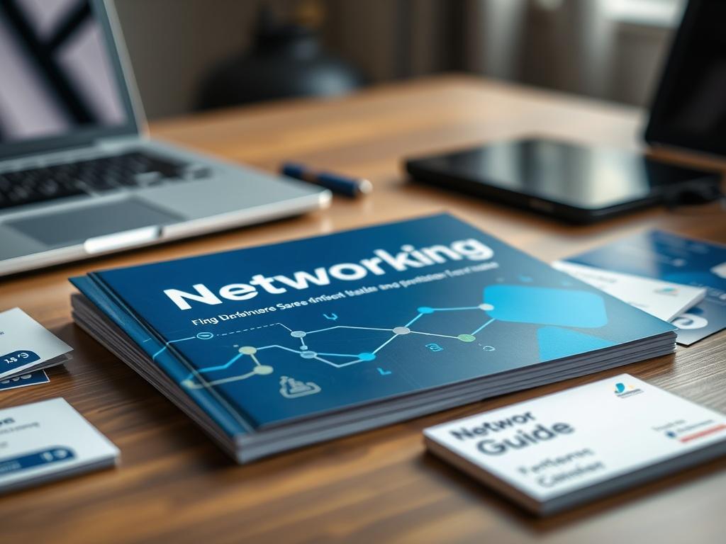 A high-resolution image of a networking guide on a desk, surrounded by business cards and a laptop, illustrating a professional networking scenario. The focus should be on the guide with a blurred background.