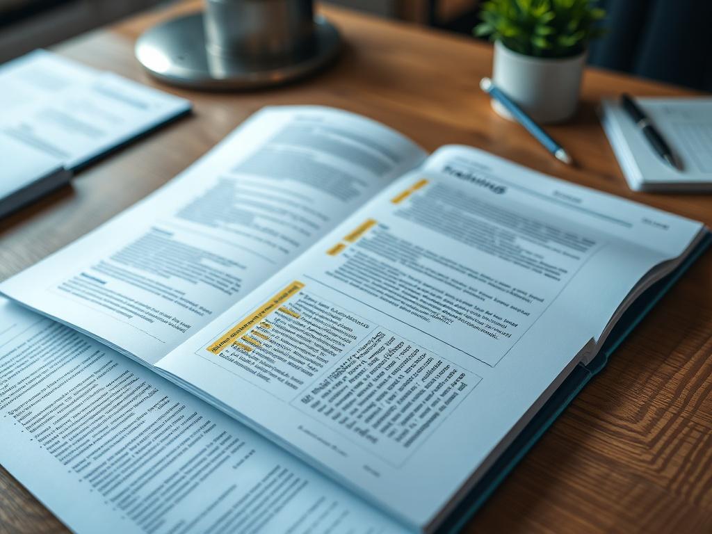 A realistic high-resolution image of an open training manual on a wooden desk, with highlighted sections and notes, showcasing a professional environment. The background should be softly blurred, focusing on the details of the manual.