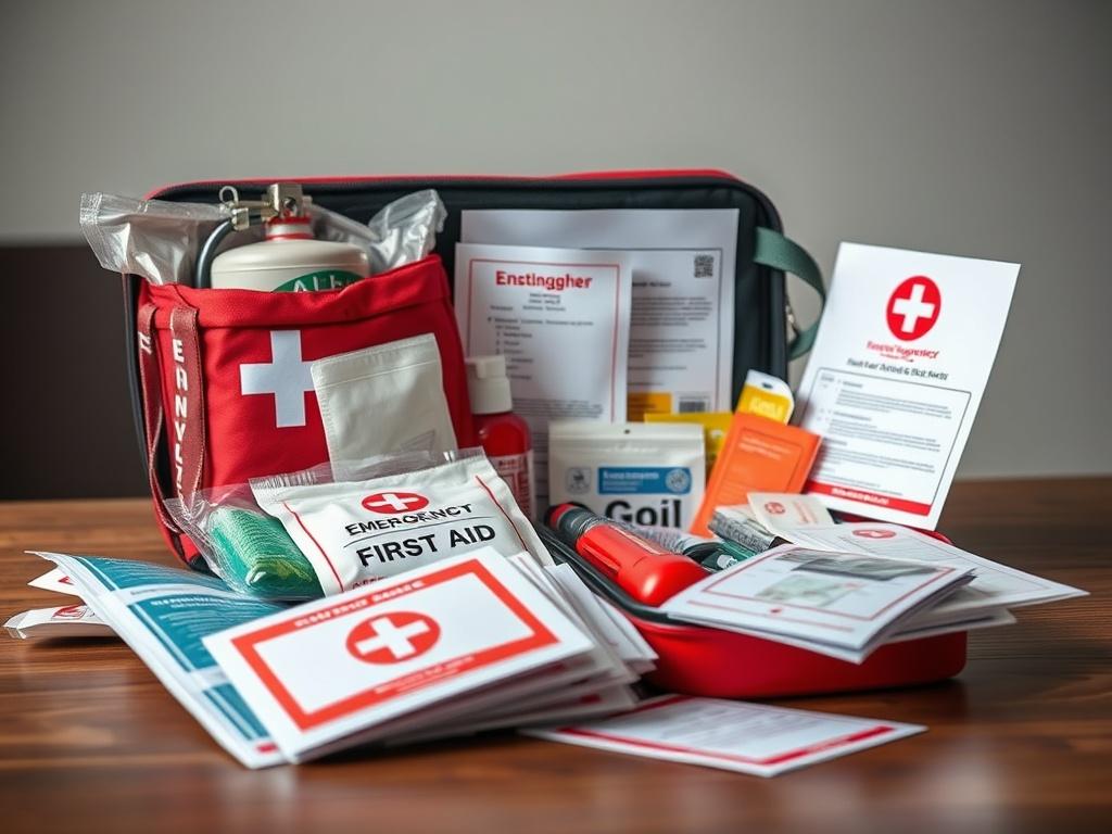 A high-resolution close-up image of an emergency response kit opened on a table, displaying first aid supplies, a fire extinguisher, and emergency contact cards. The background should be neutral to emphasize the kit's contents.
