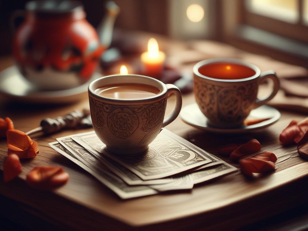 A cozy autumn-themed gathering with a close-up of a steaming cup of tea and a tarot card spread on a wooden table. Soft, warm lighting captures the essence of a relaxed atmosphere with hints of fall decorations in the background. The setting should evoke comfort and connection, showcasing a welcoming space to inspire networking.