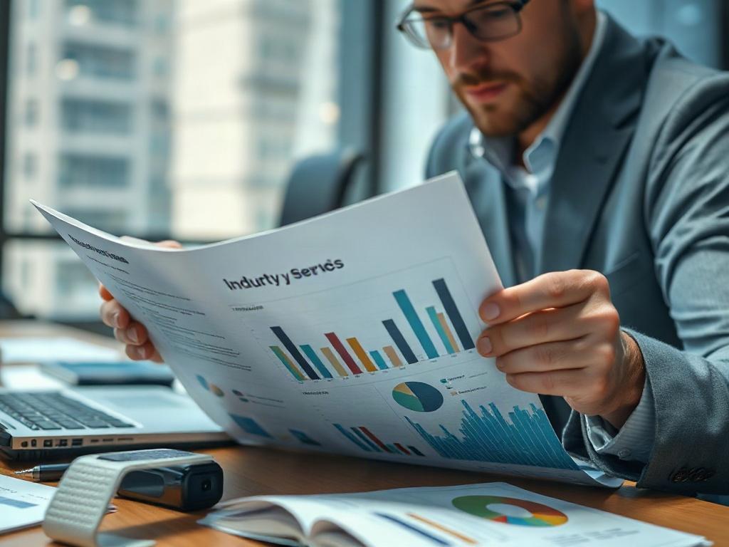 A close-up of a professional reading a detailed industry report on security trends, surrounded by modern technology and research materials. The scene conveys a sense of focus and diligence, with charts and graphs on the table that highlight data analysis. The lighting is bright and professional, emphasizing the importance of knowledge in the security sector. Shot with a 45mm f/1.2 lens.