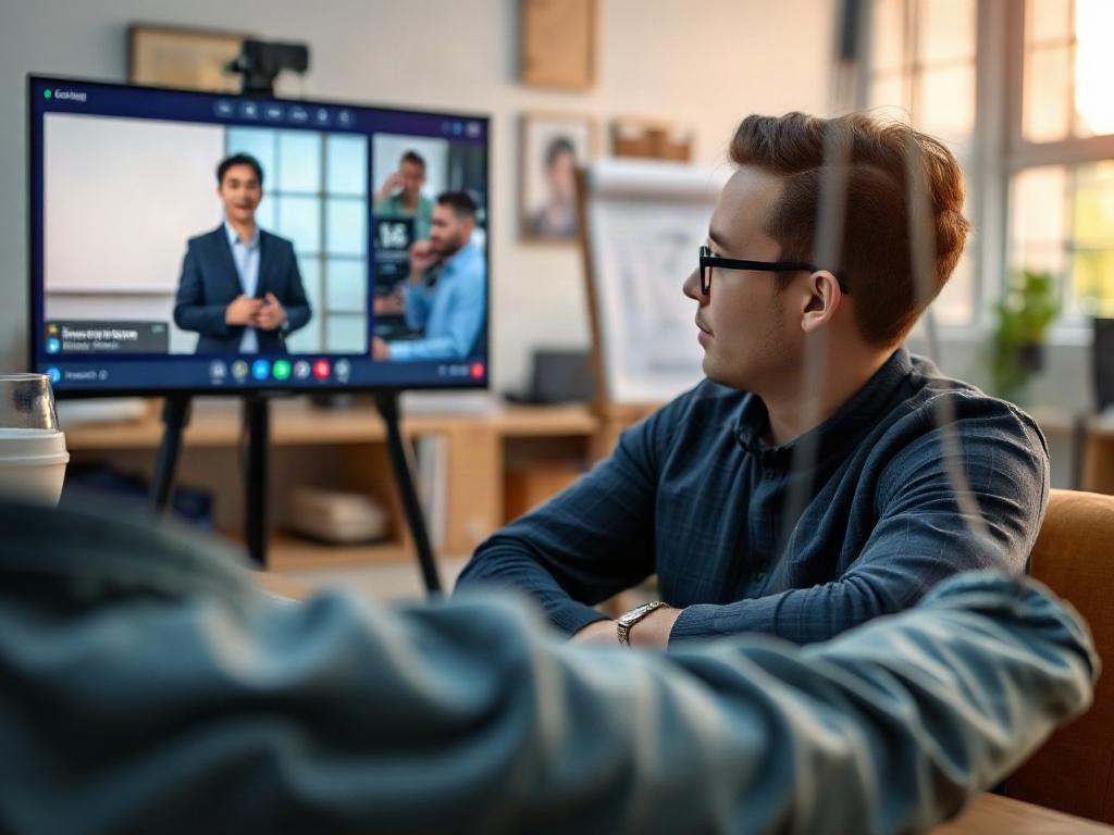A focused individual participating in an online workshop, engaging with a speaker on a digital screen. The background shows a well-organized workspace with notes and a laptop, illustrating a commitment to professional development. The atmosphere is dynamic, showcasing the excitement of learning new skills. Shot with a 45mm f/1.2 lens.