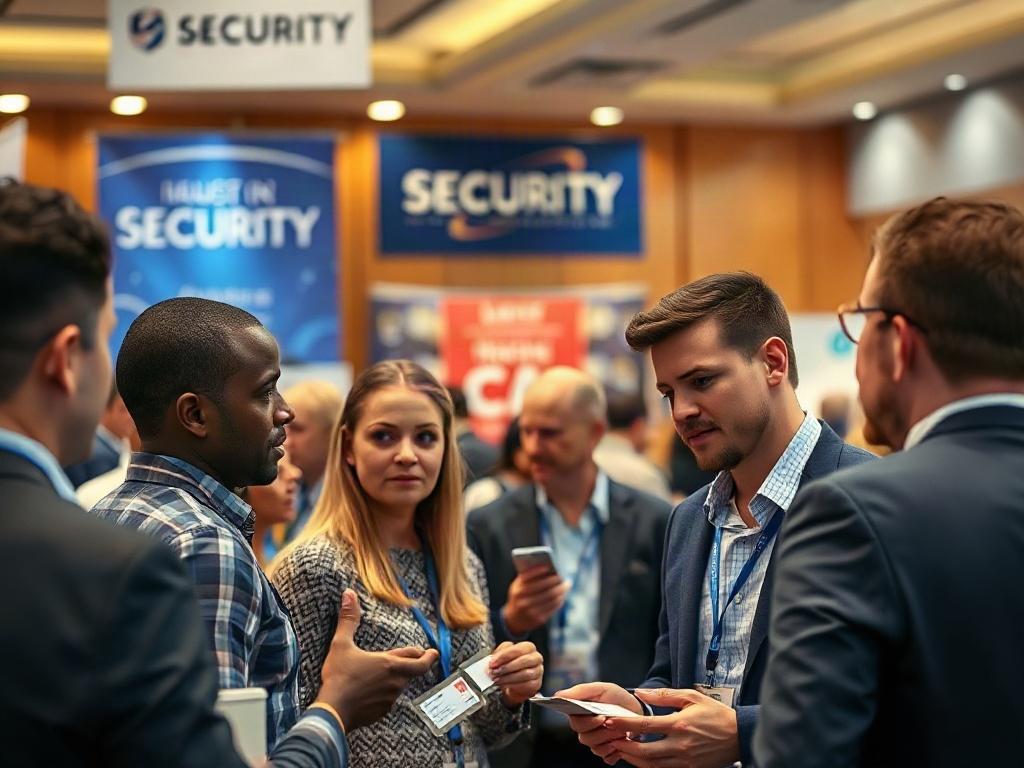A vibrant networking event with professionals in the security industry interacting, sharing ideas, and exchanging business cards. The background features banners and signage related to security, with a warm and inviting atmosphere. The focus is on a group of diverse individuals engaged in conversation, showcasing camaraderie and collaboration. Shot with a 45mm f/1.2 lens, capturing the essence of networking.