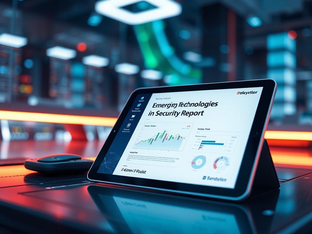 A hyper-realistic close-up shot of a digital tablet displaying the cover of the 'Emerging Technologies in Security Report'. The tablet rests on a futuristic workspace with ambient lighting, showcasing a tech-savvy environment. The focus centers on the screen, featuring graphs and tech visuals.