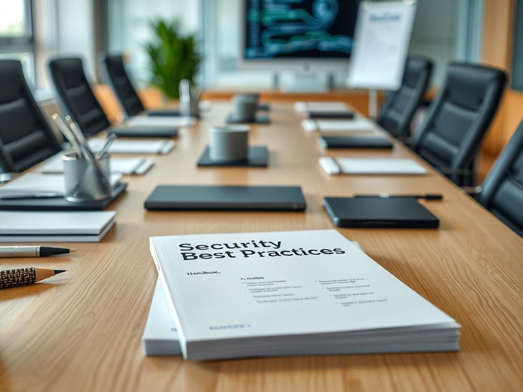 A hyper-realistic close-up shot of a handbook titled 'Security Best Practices' on a conference table, surrounded by office supplies. The background shows a modern workspace, emphasizing a professional atmosphere. The focus is on the cover and some visible pages with bullet points.