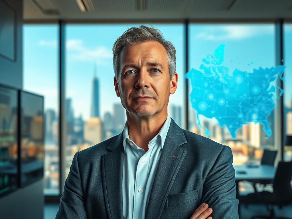 Create a realistic high-resolution photograph that captures the essence of "The Future of Security in Canada: Trends to Watch." Focus on a single subject—a confident Canadian security expert, wearing a smart-casual outfit, standing in a modern office setting. The expert should be a middle-aged individual, showcasing diversity, with thoughtful facial expressions that convey insight and authority in the realm of security.

For background, design a sleek, contemporary office space with large windows that let i