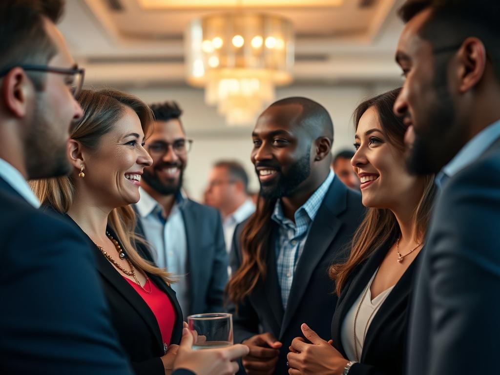 A close-up shot of a diverse group of professionals engaged in a networking event, showcasing various expressions of conversation and interaction. The background features a well-lit, modern conference space with subtle decor that suggests a professional atmosphere. The focus is on the individuals, capturing their engagement and enthusiasm, with a blurred background to emphasize the intimacy and importance of networking.