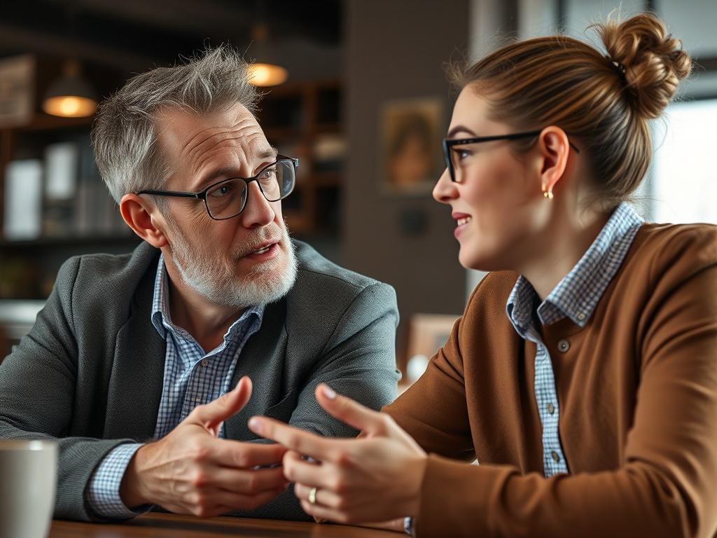 A close-up shot of a mentor and mentee engaged in a discussion, with both individuals appearing focused and enthusiastic. The setting reflects a casual yet professional atmosphere, perhaps in a coffee shop or a quiet office space. The mentor is sharing insights while the mentee listens attentively, showcasing the essence of mentorship. The background is slightly blurred to keep the focus on the two individuals and their interaction.