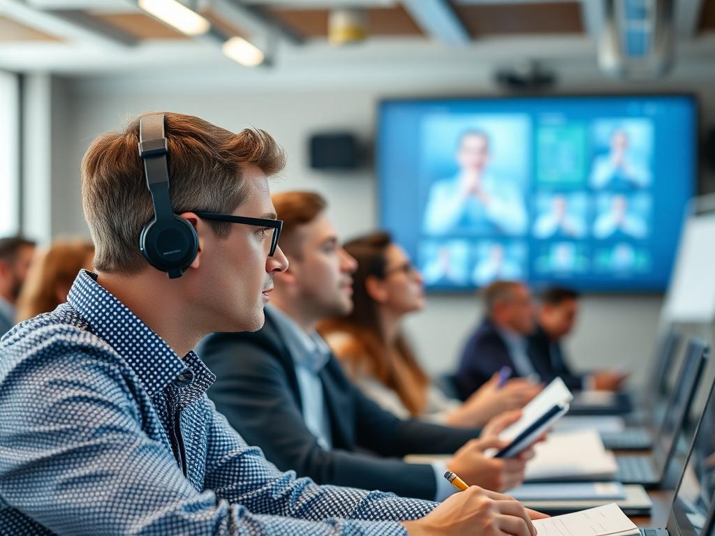 A hyper-realistic close-up of an engaged professional attending a workshop, taking notes while looking at a presentation screen. The background should be slightly blurred, showcasing an interactive learning environment filled with technology and collaborative space.