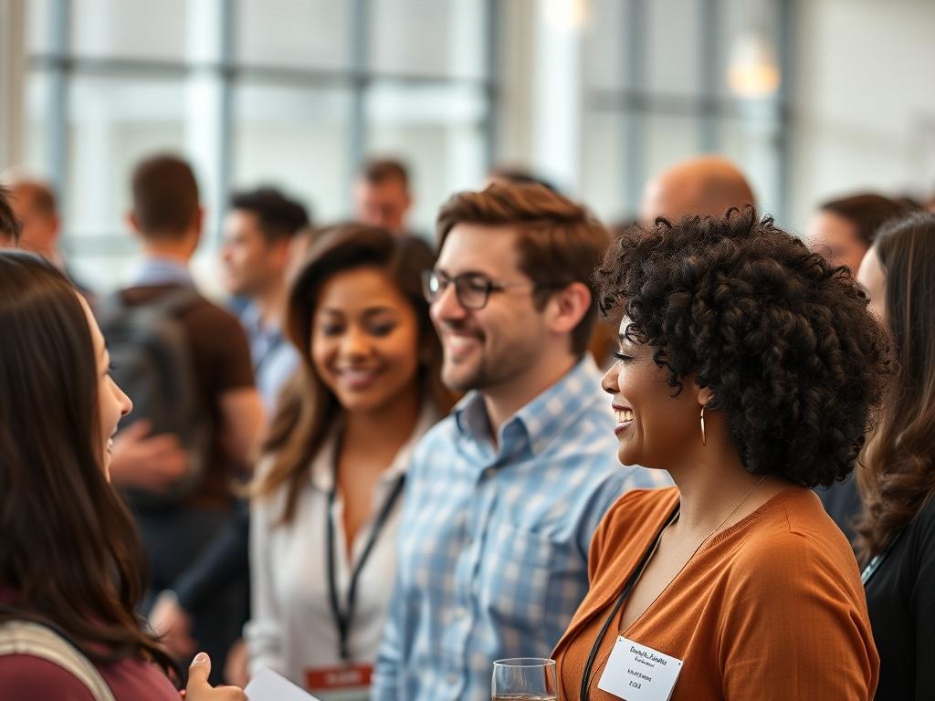 A close-up shot of a diverse group of professionals engaging in a networking event, smiling and exchanging ideas, with a blurred background of a modern conference space. The image should convey a sense of collaboration and community, utilizing a focus on facial expressions and interactions.