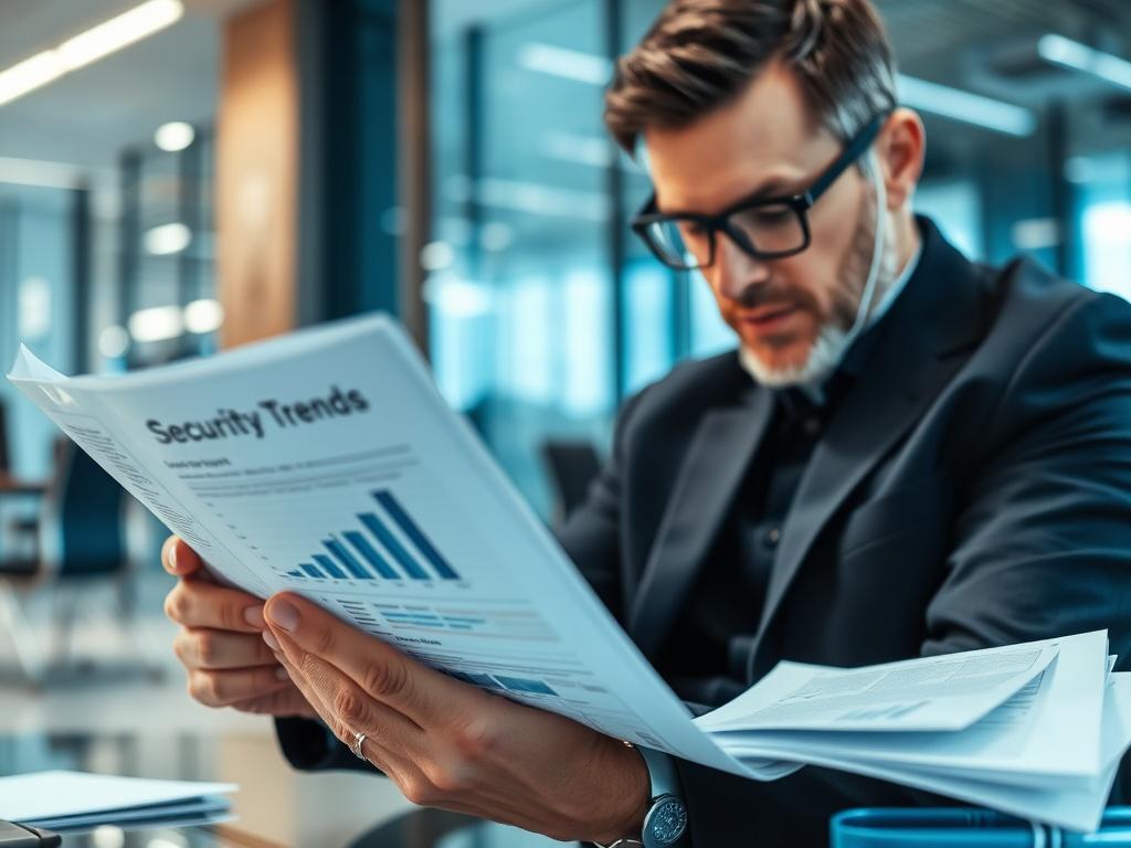 A close-up image of a professional reading a report on security trends, with focused expression and notes scattered around. The background is a modern office setting, emphasizing the importance of staying informed in a dynamic work environment.