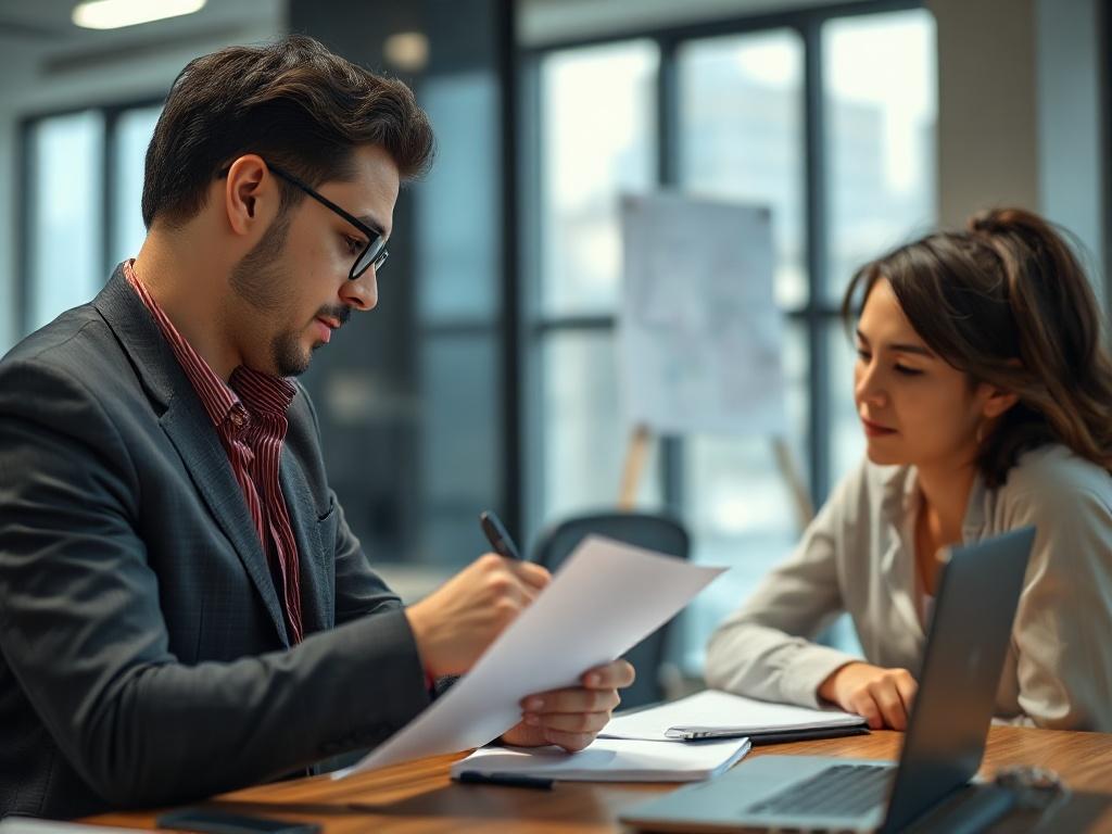 A close-up shot of a mentor and mentee in a professional setting, engaged in a brainstorming session with notes and laptops present. The background should suggest a modern office environment, showcasing tools and resources related to the security industry. The focus is on collaboration and growth, captured with a 45mm f/1.2 lens style.