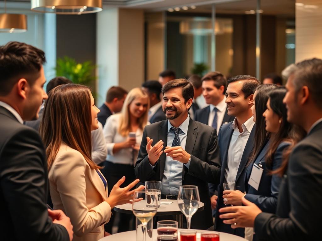 A professional networking event scene with diverse individuals in business attire engaging in conversations. The focus is on a central group discussing ideas passionately. The background features a modern venue with elegant decor, soft lighting, and refreshments on tables. The composition captures the energy of networking, with smiling faces and handshakes, shot with a 45mm f/1.2 lens.