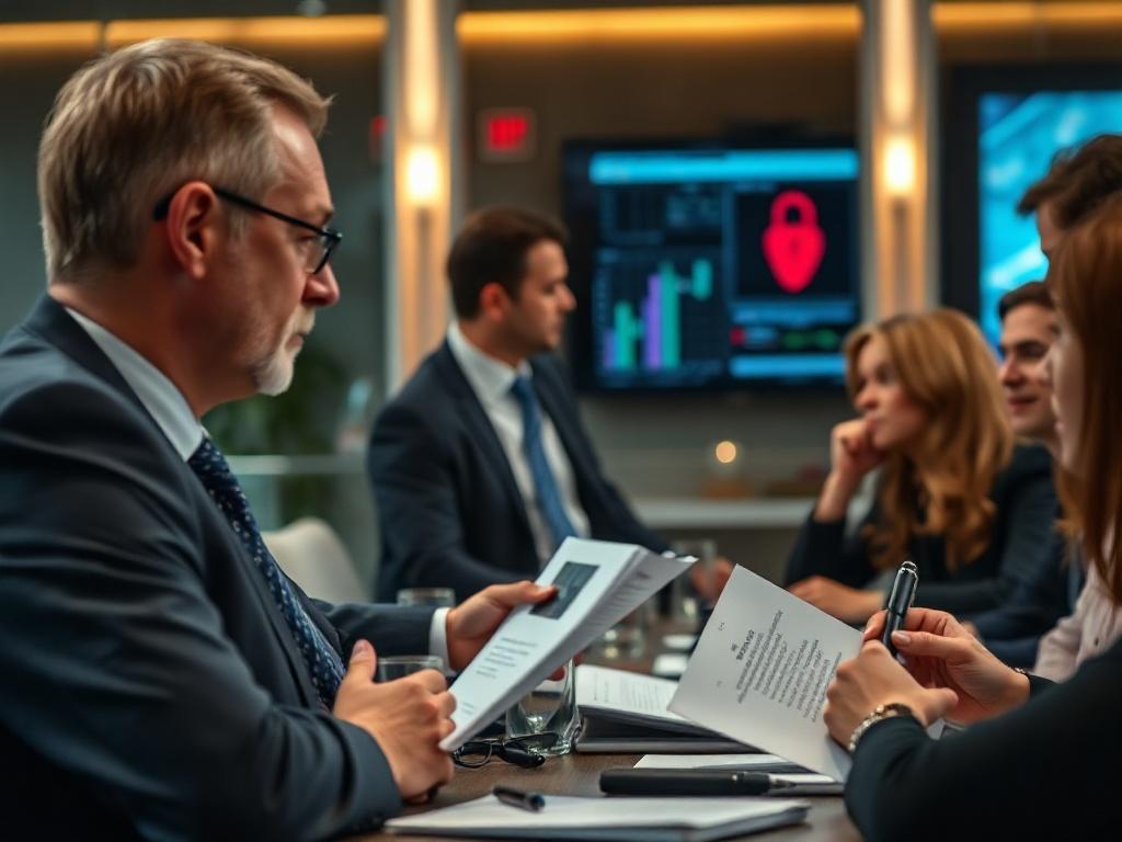 A close-up shot of an executive presenting at a high-level meeting, with engaged attendees taking notes and discussing. The background should include visual elements related to security advancements, emphasizing professionalism and leadership. The focus is on impactful dialogue and strategic thinking, shot with a 45mm f/1.2 lens style.