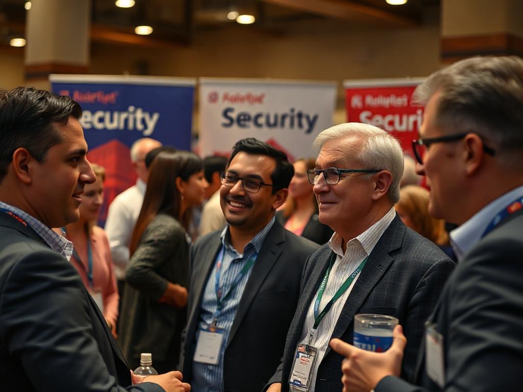 A close-up shot of a professional networking event, featuring engaged individuals in business attire exchanging ideas, with a warm, inviting atmosphere. Background should include banners or posters related to security industry development, creating a sense of community and collaboration. The focus is on connection and interaction, shot with a 45mm f/1.2 lens style.
