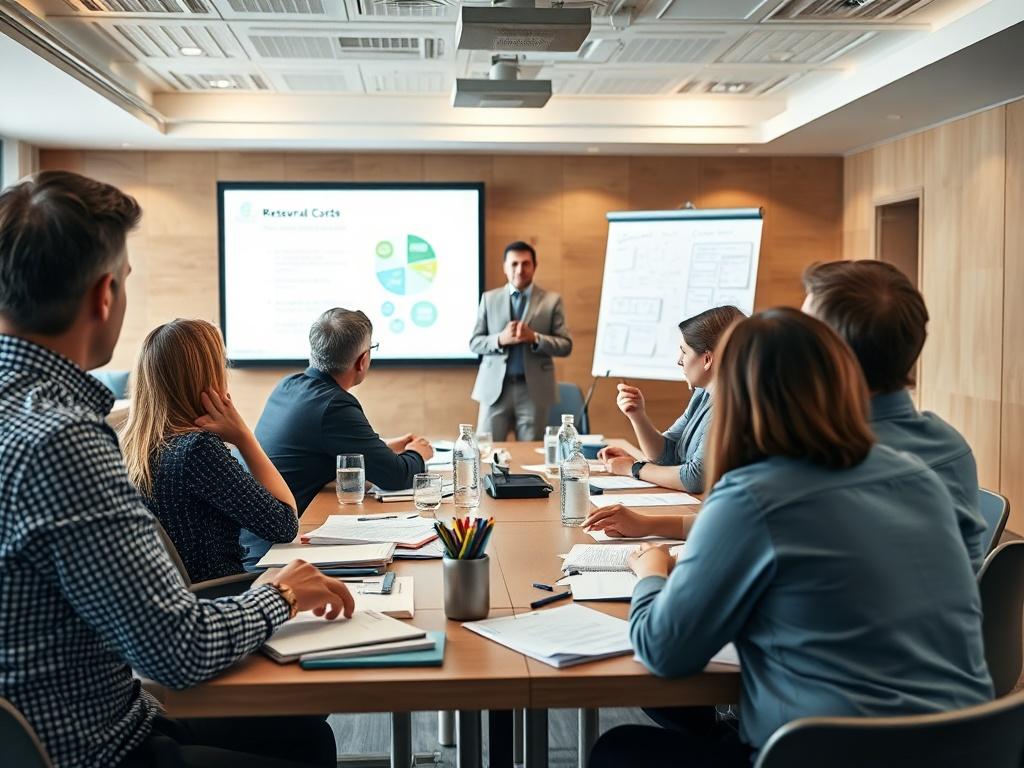 A dynamic workshop session in progress, with participants actively engaging in discussions around a table. A facilitator stands at the front, presenting key points on a screen. The environment is collaborative, filled with notes and materials on the table. The composition highlights the active participation of attendees, shot with a 45mm f/1.2 lens.